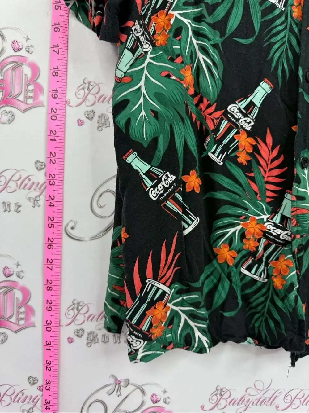 Coca Cola Black Tropical Button-Up Shirt with Green and Orange Print